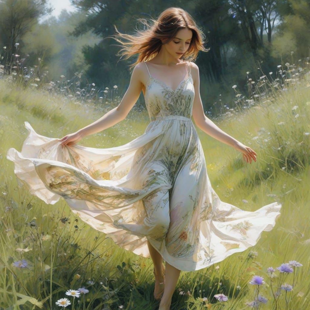 Whimsical Girl Dancing in Wildflower Meadow Watercolour