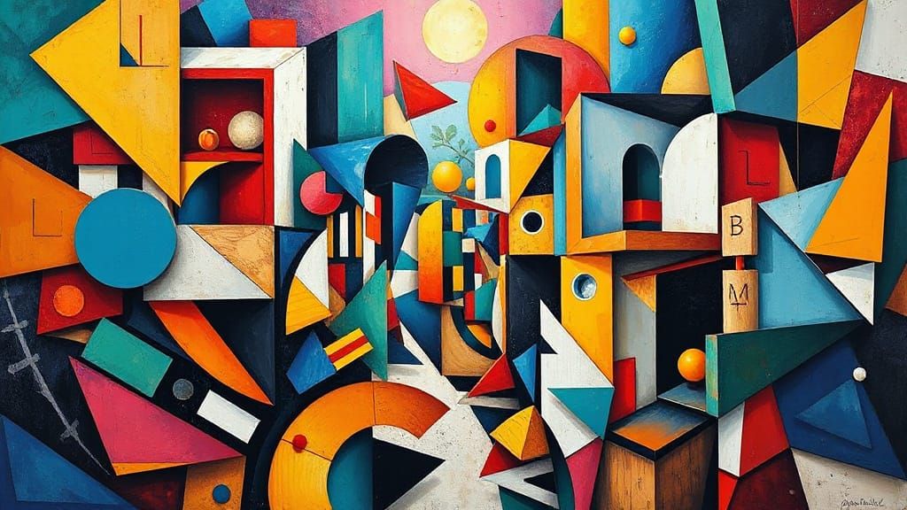 Chaotic Geometric Scene in Cubist Art Deco Style