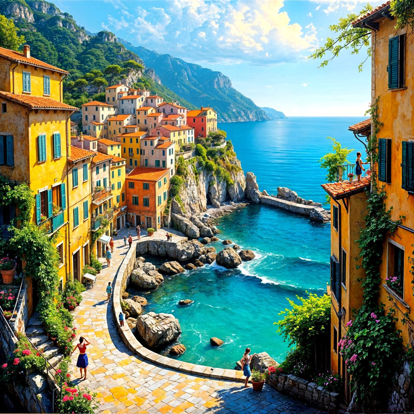 Italian Coastal Village Painting Overlooking the Sea