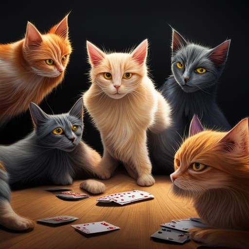 Hyperrealistic Cats Playing Cards in Splash Art Style