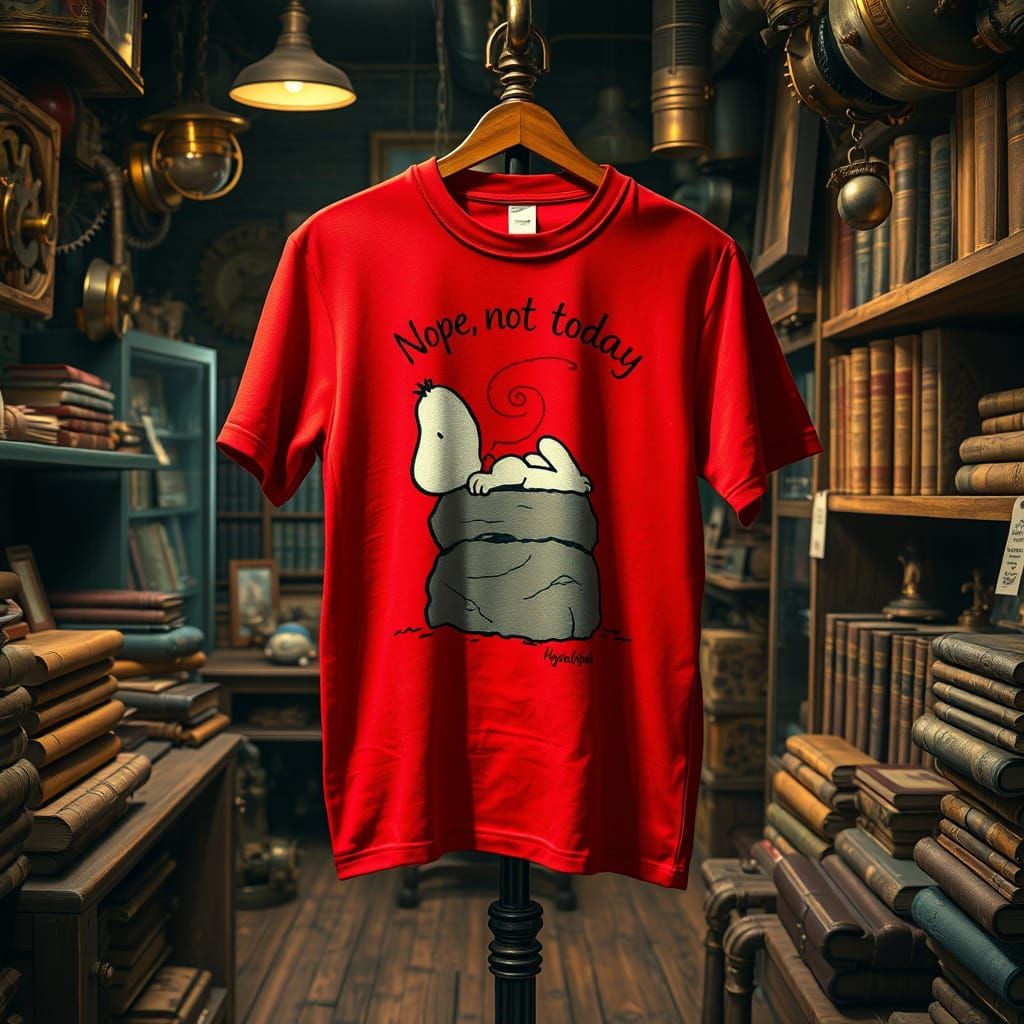 A red T-Shirt with Snoopy laying his head on a rock. She shirt says "Nope not today. The shirt hanging on a display stan...