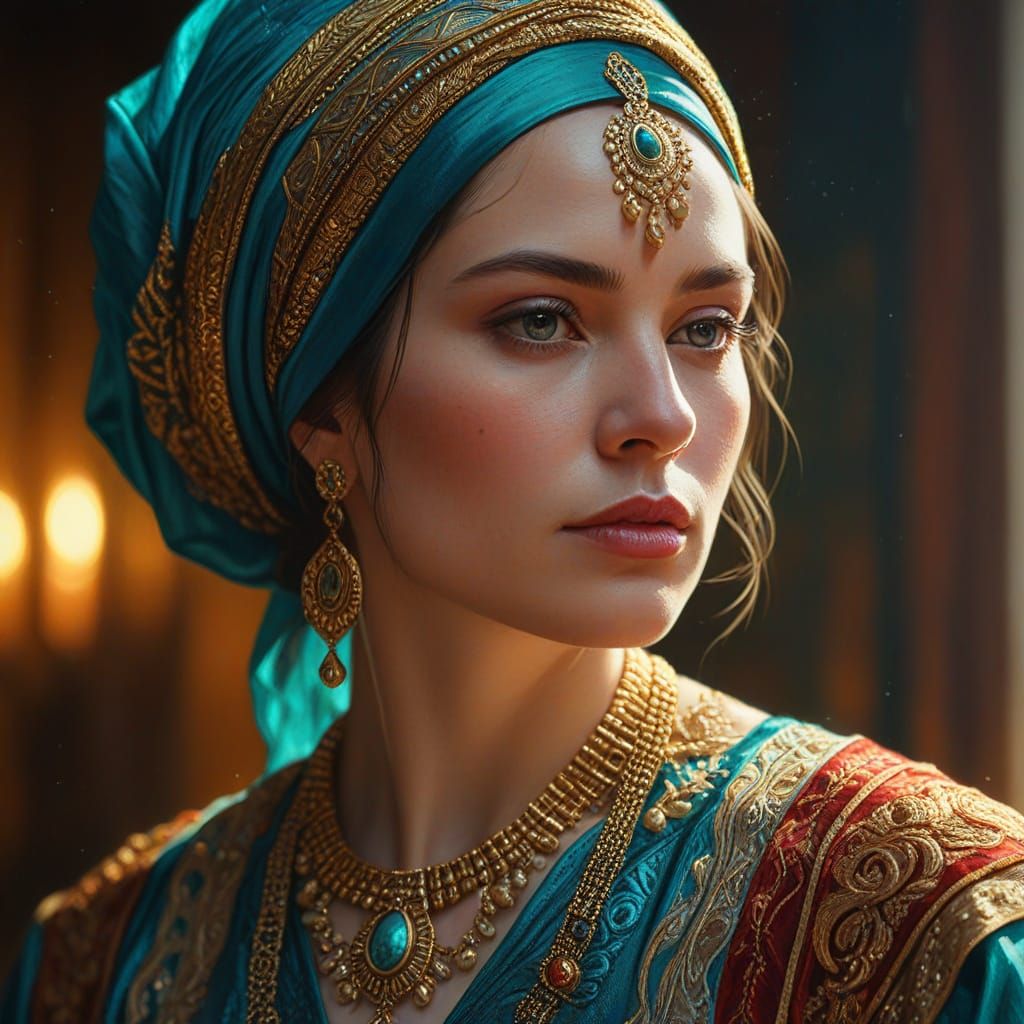 Hyper-Realistic Oil Painting of Woman in Gold Light