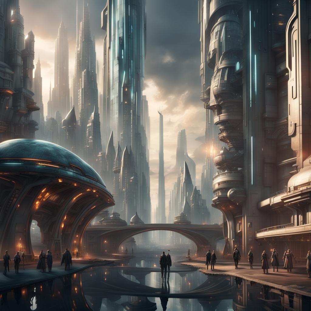 Futuristic Cityscape with Fantasy Characters: Digital Matte ...