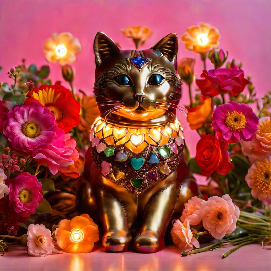 Cute Cat Surrounded by Flowers in Folk Art Style
