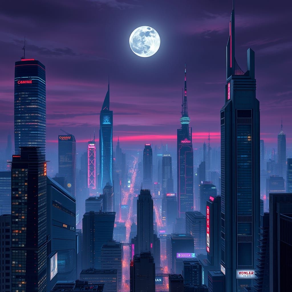 Dusk Cityscape with Vibrant Nightlife and Purple Skies
