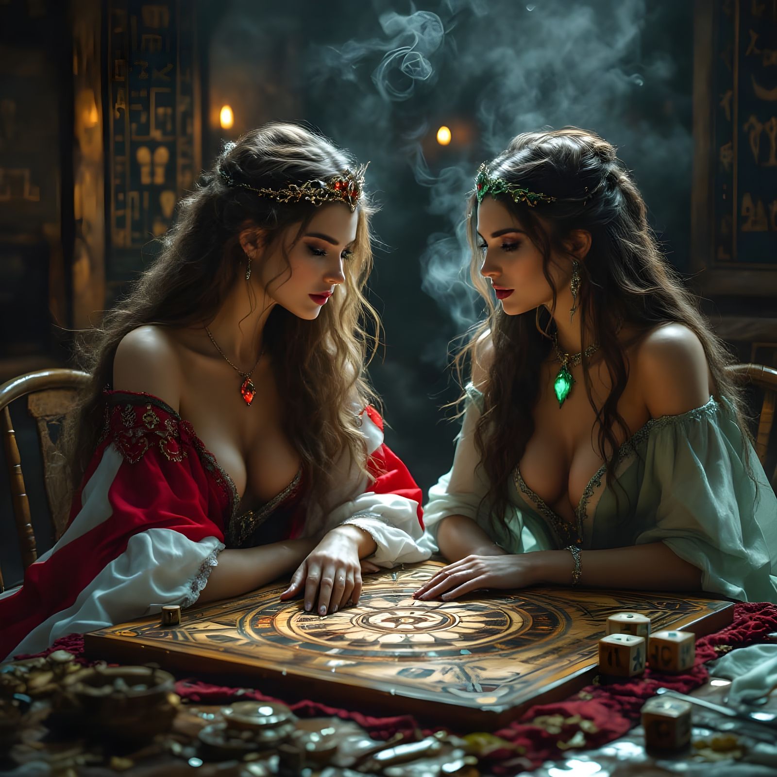 Norse Goddesses Play Dice in Ethereal Tavern