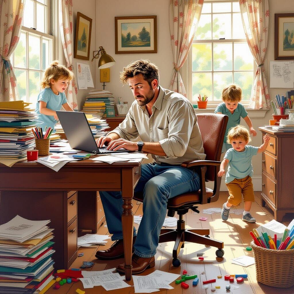 Stressed Dad Working From Home: Rockwell Style