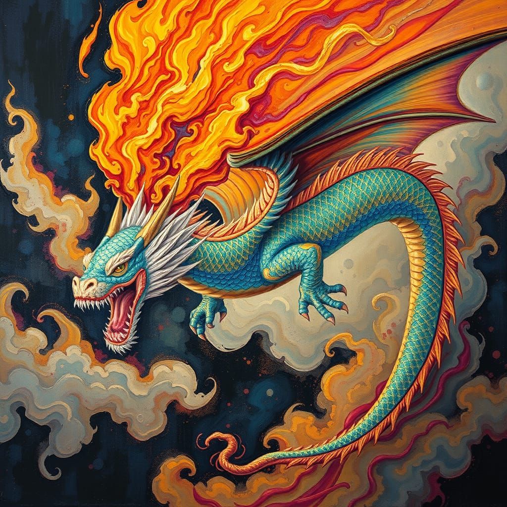 Majestic Japanese Dragon Soaring Through Abstract Realm