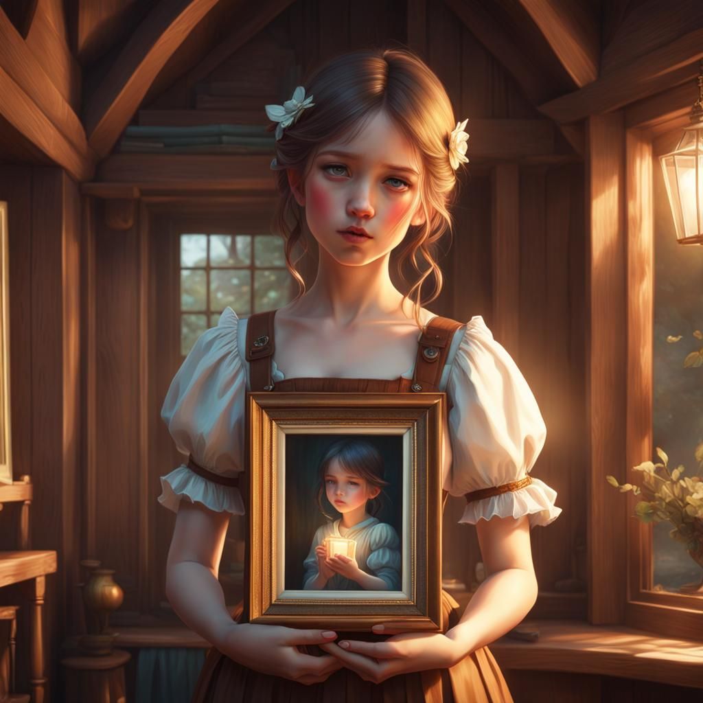 Weeping Girl with Picture Frame: Art Nouveau Portrait