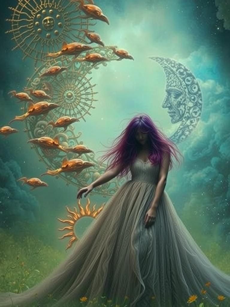 Woman in Surreal Sun and Moon Clouds