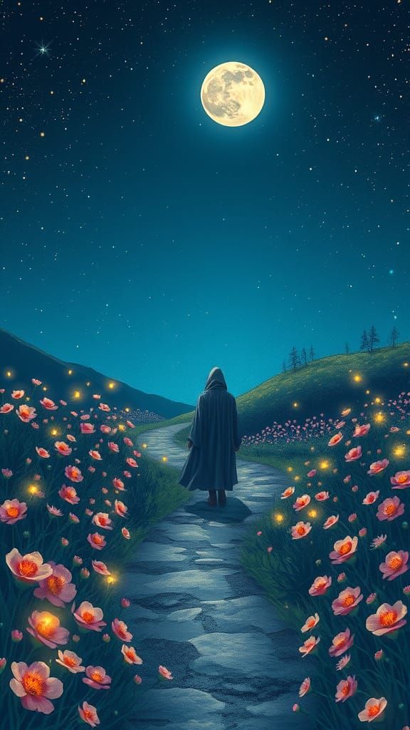 Beneath the starry night, a solitary wanderer follows a narr...
