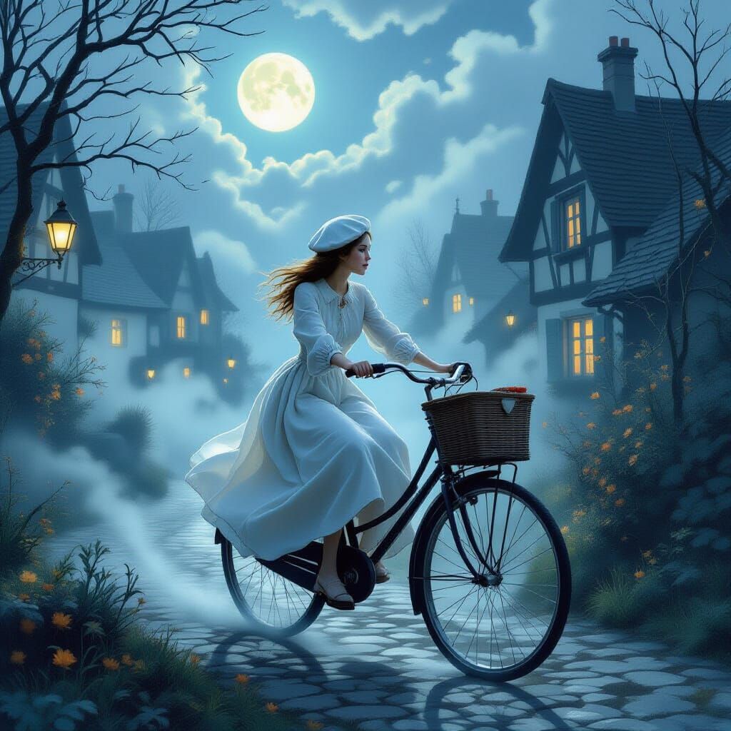 Ethereal French Girl on Bicycle in Dreamlike Luminist Scene