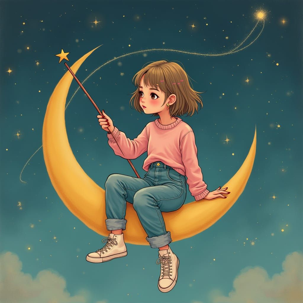 Whimsical Hipster Goddess on Crescent Moon