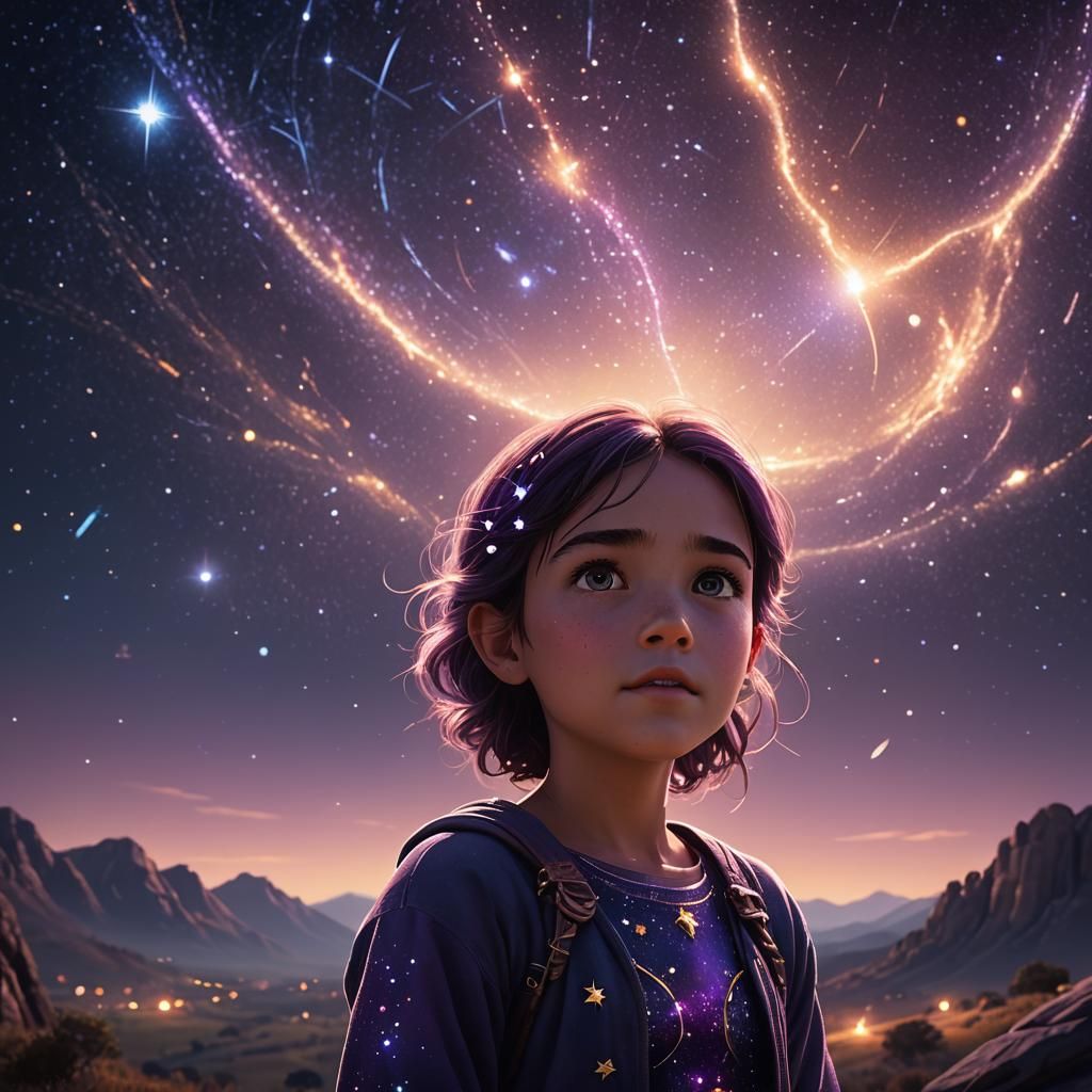 Little Girl Stargazing in Fantasy Art Nouveau Style