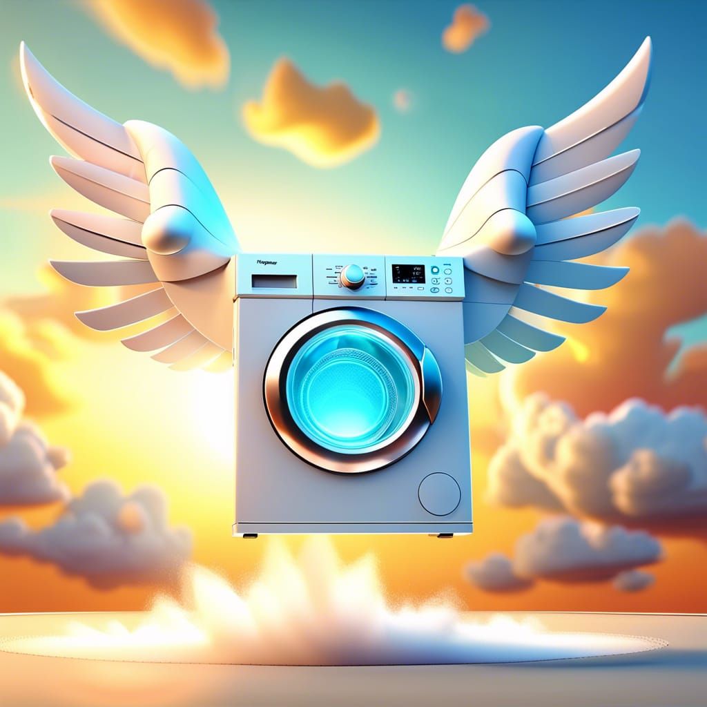 Whimsical Flying Washing Machine in Pixar Disney Style