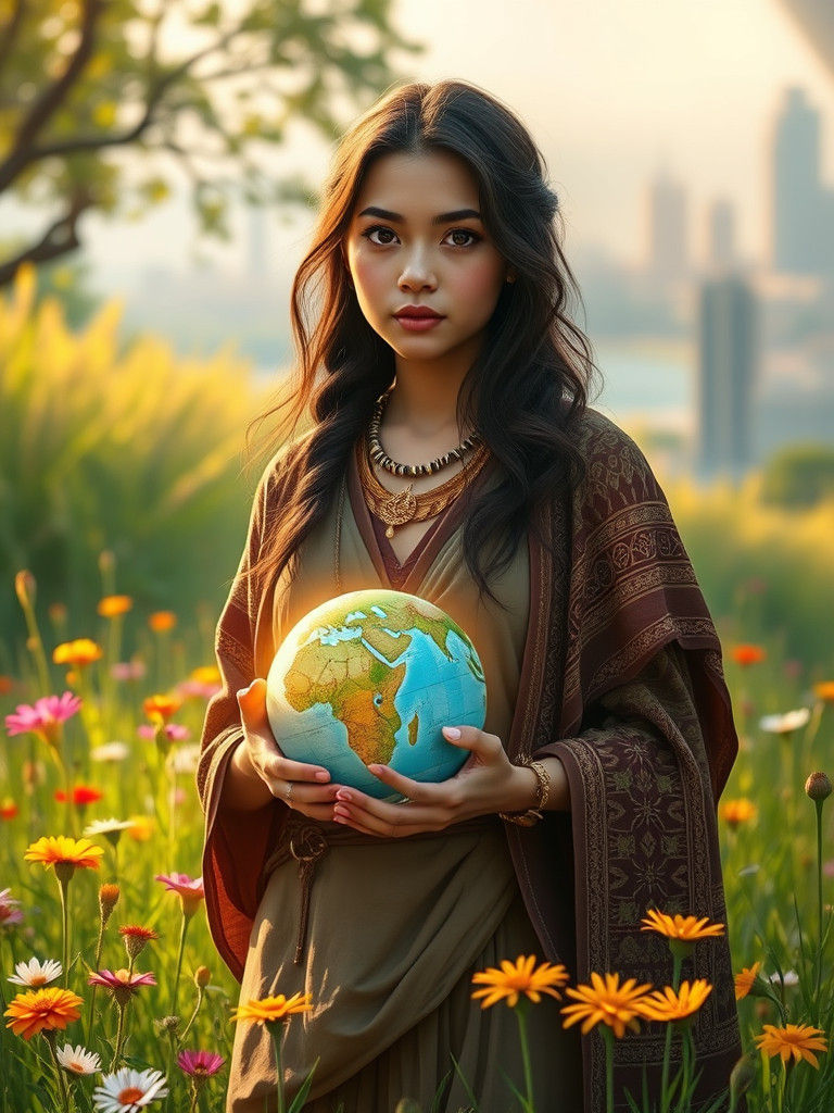 Woman Holding Globe in Meadow, Digital Art