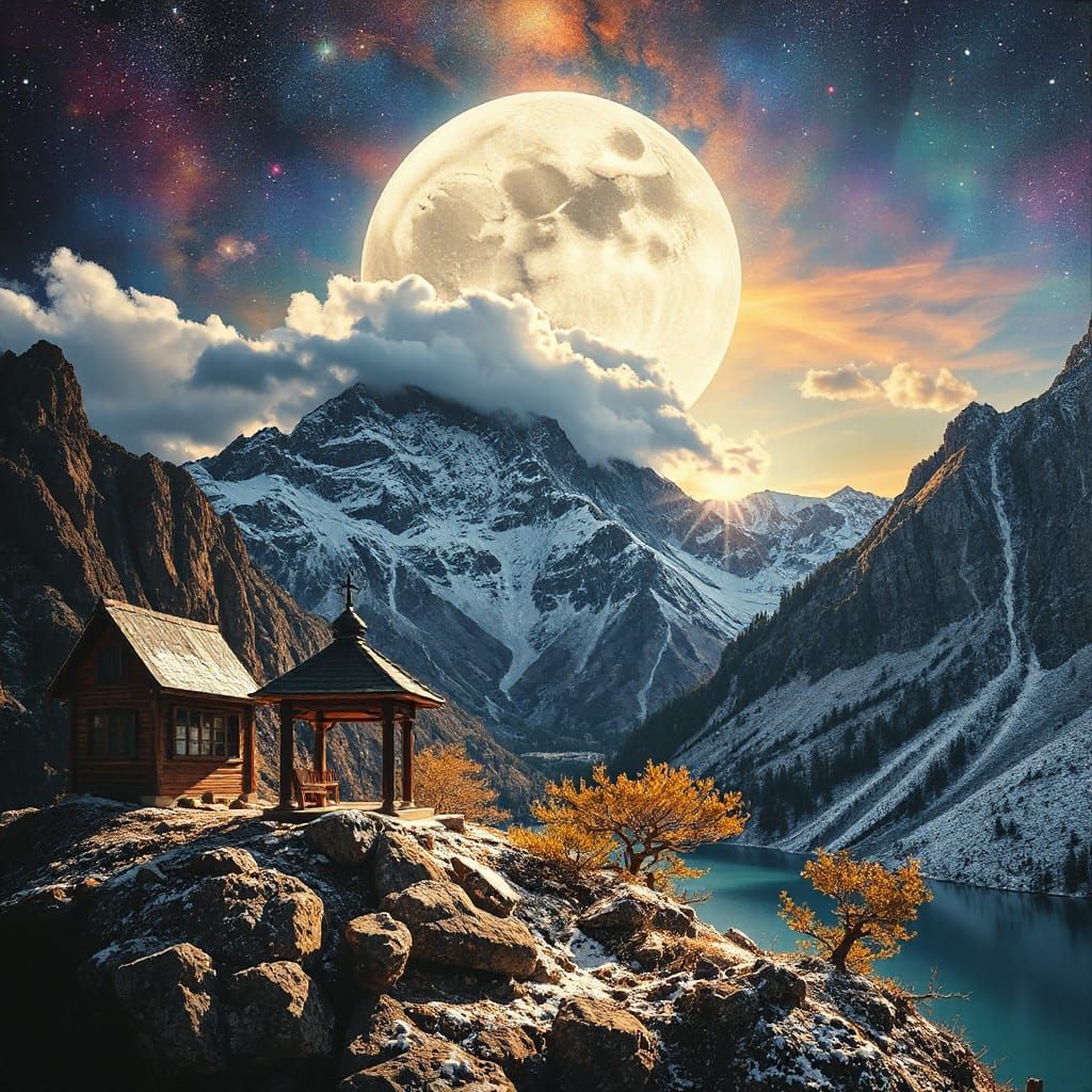 Surreal Solarpunk Landscape with Clock Moon and Gazebo