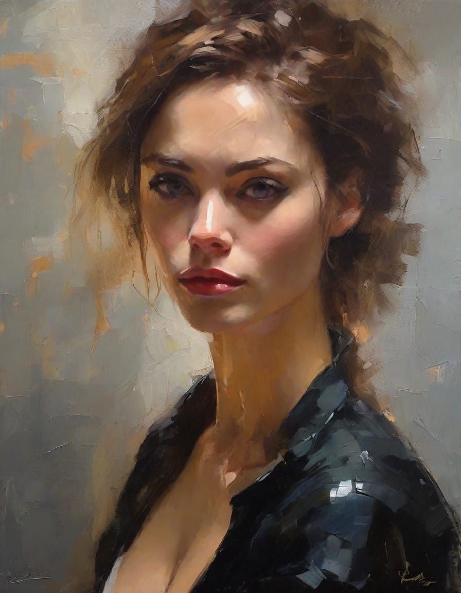 Impasto Portrait of a Gritty Noir Punk Girl in Retro Futuris...