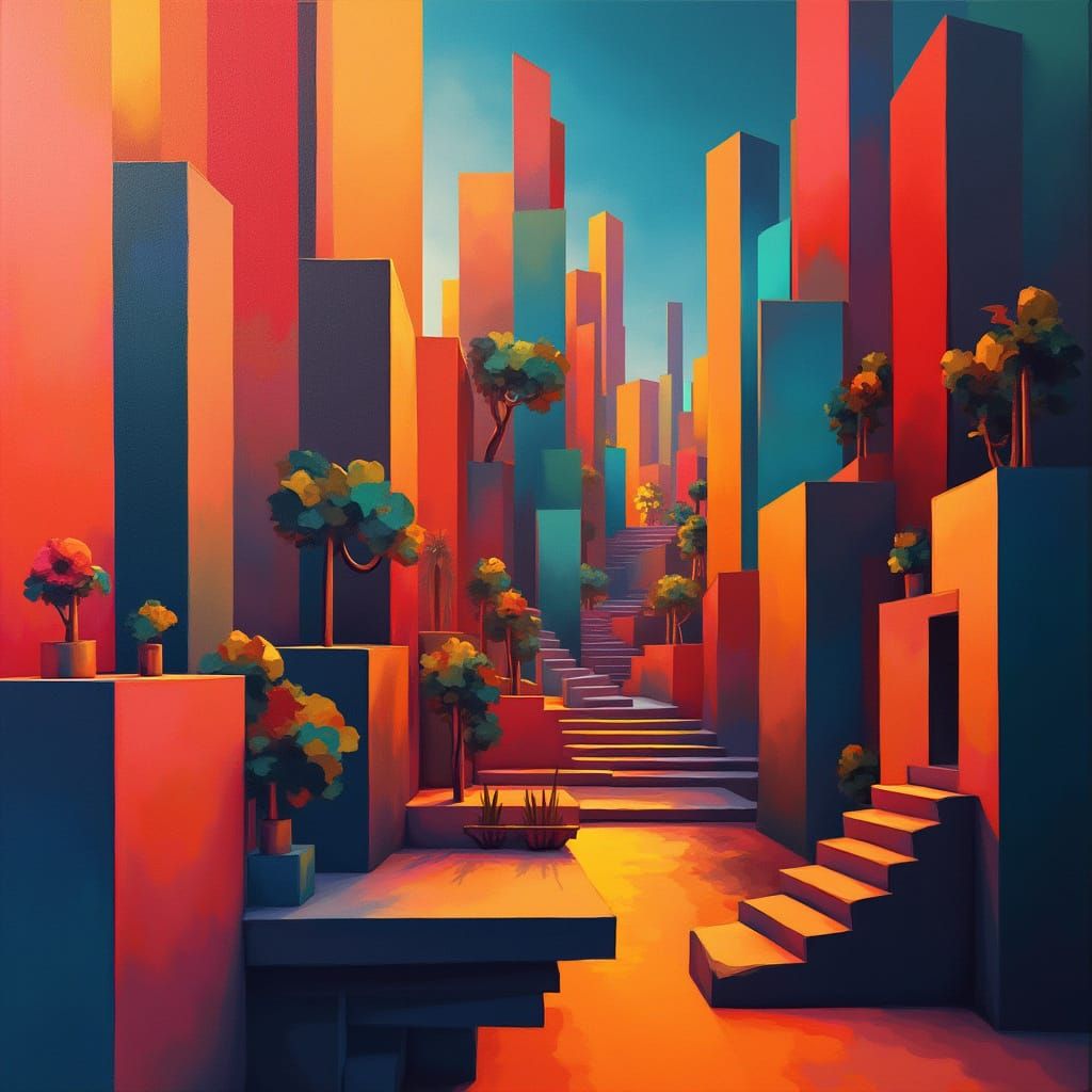 Mathematical Concepts in Vibrant Neo-Cubist Style