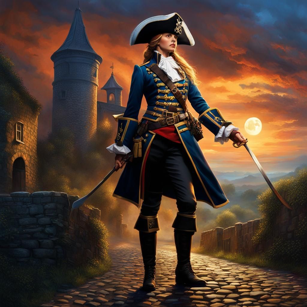 Woman in Military Uniform on Cobblestone Road