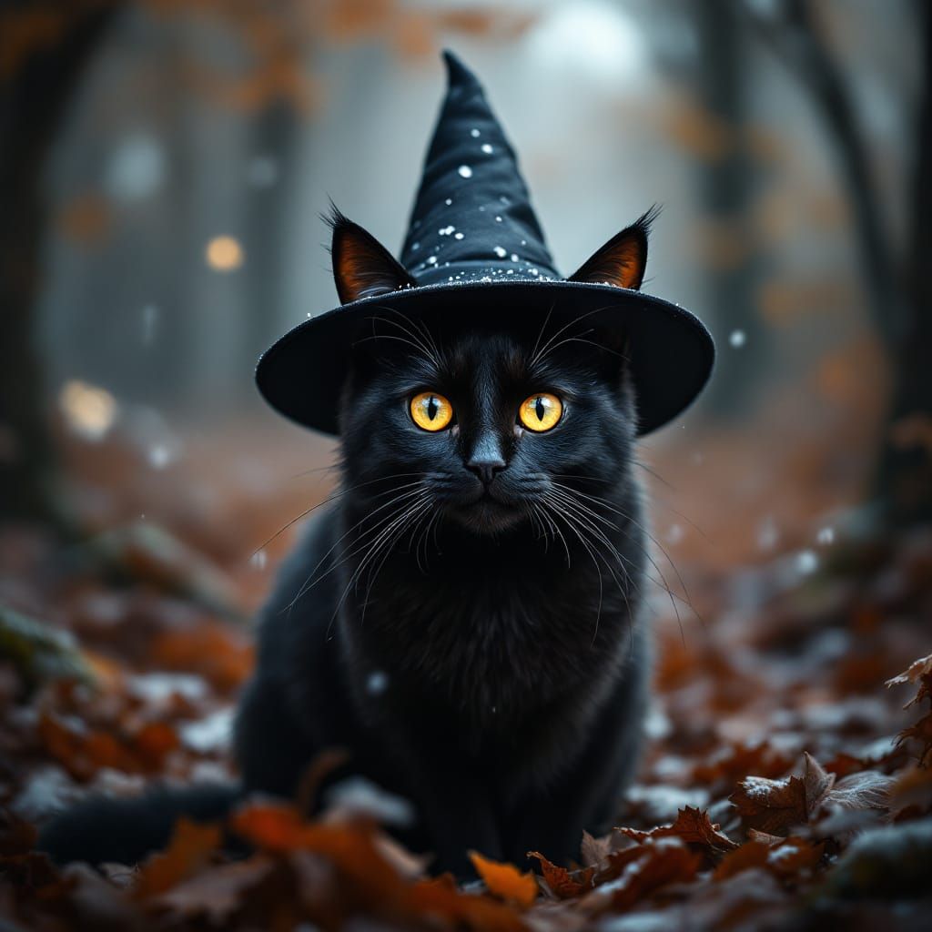 Black Cat Witch in Autumn Forest with Snowflakes