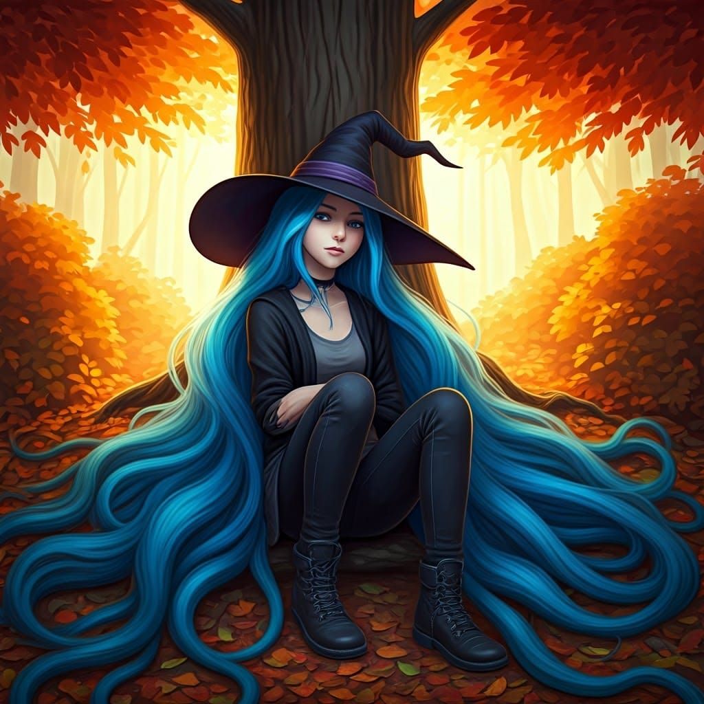 Teen Witch with Blue Hair in Autumn Forest