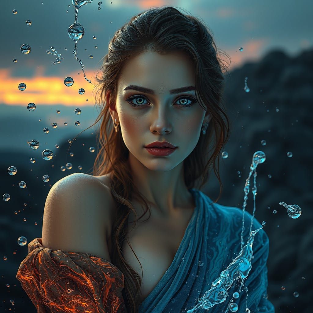 Surreal Portrait of a Mysterious Woman in a Rainy Landscape....