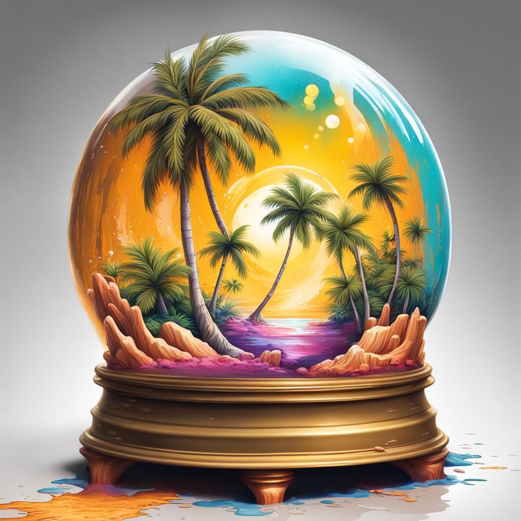 Tropical Beach in Golden Snow Globe: Graffiti Art