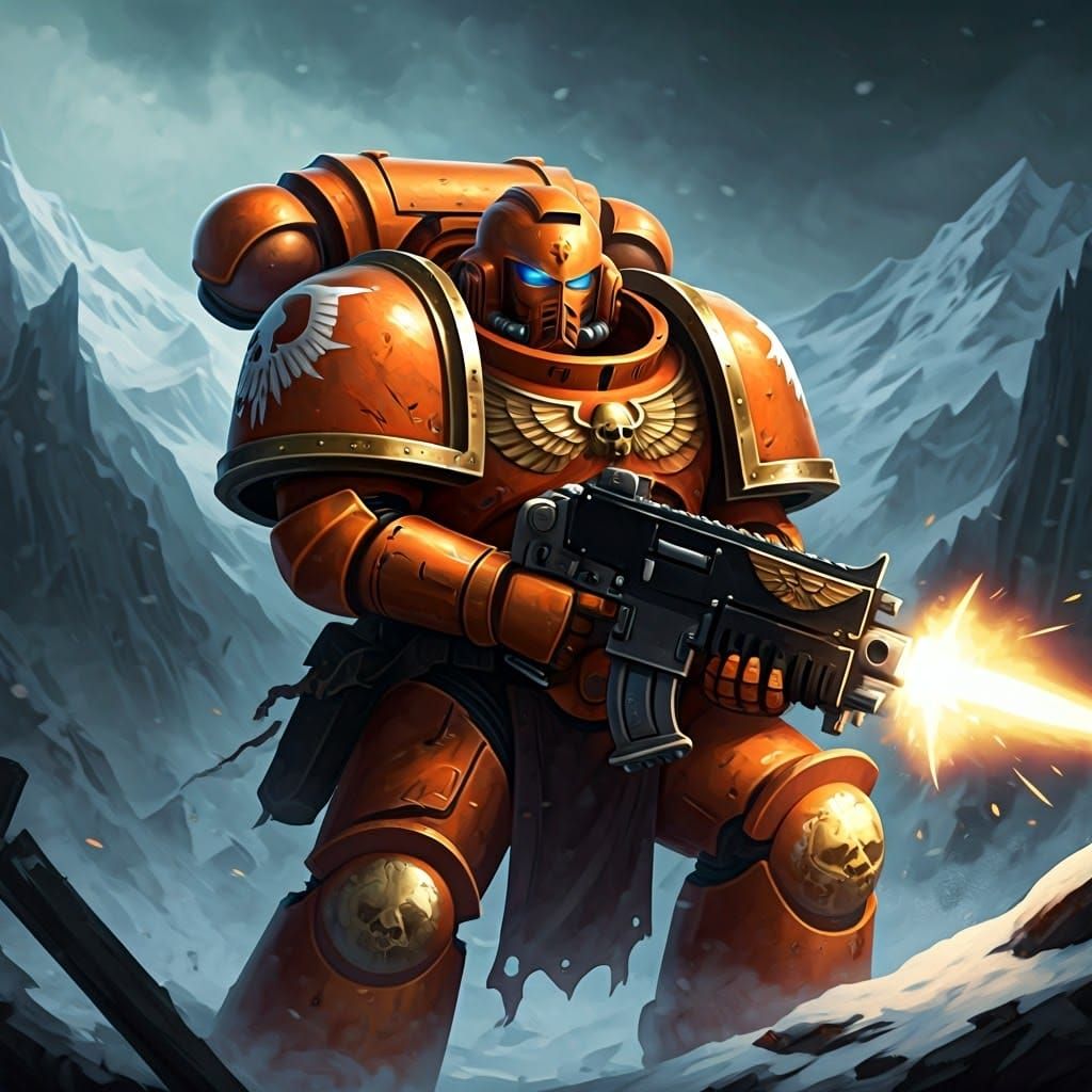 Warhammer 40k Space Marine in Ruined Gothic Landscape