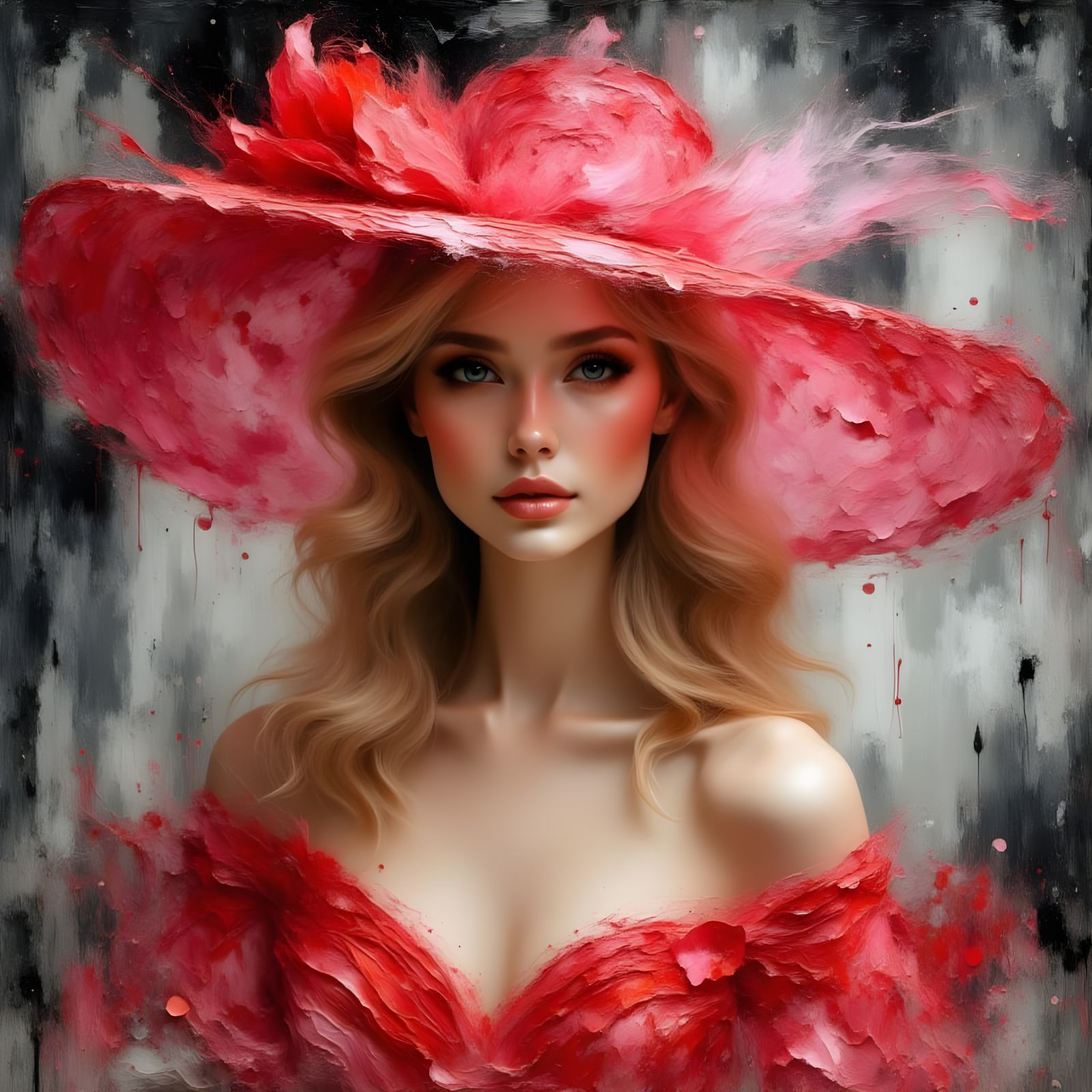 Elegant Lady in Red Hat, Impasto Style