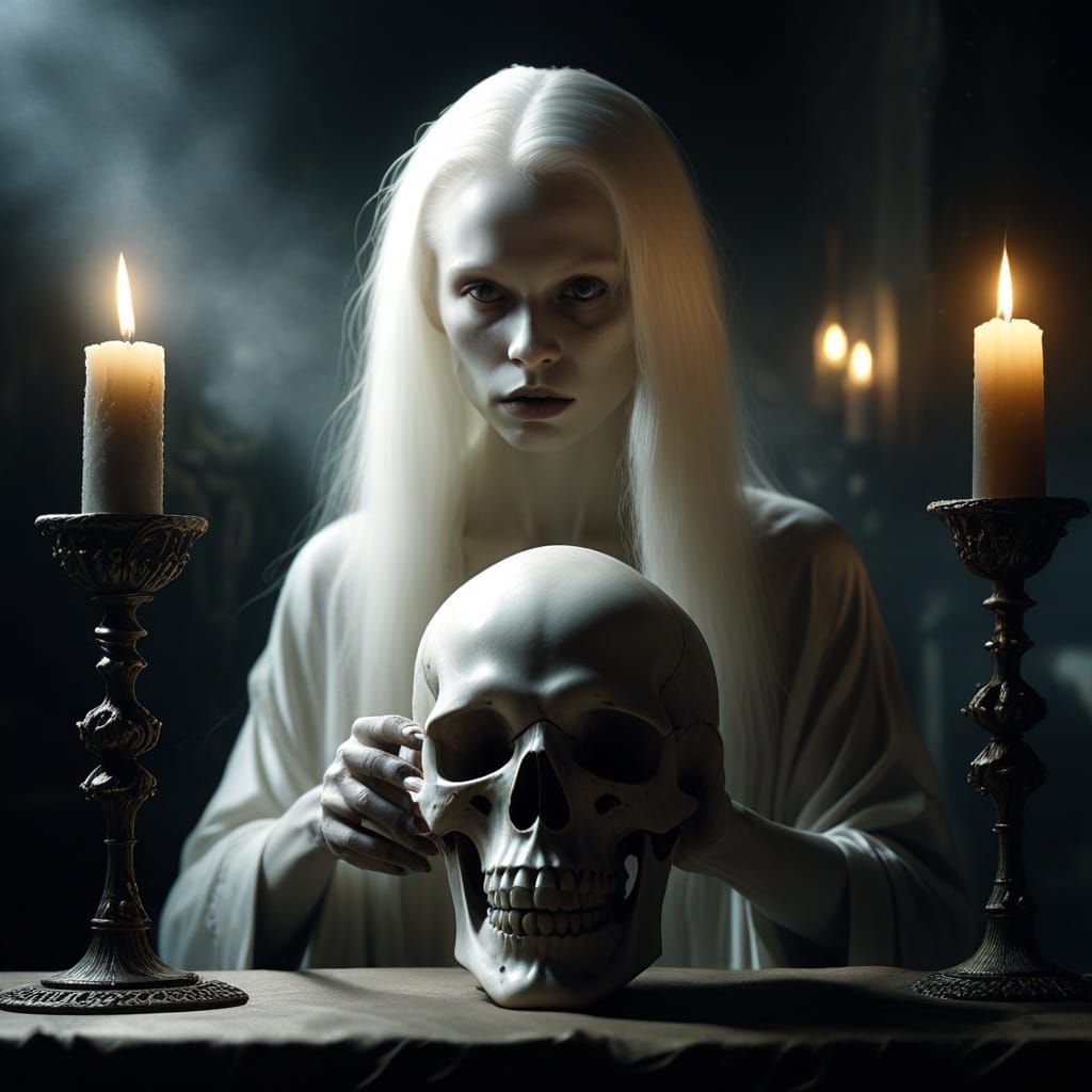 Albino She-Devil with Skull Chalice in Gothic Surrealism