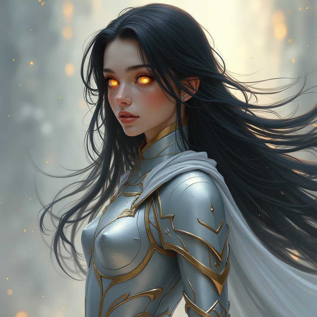 Girl in Silver Armor with Glowing Golden Eyes