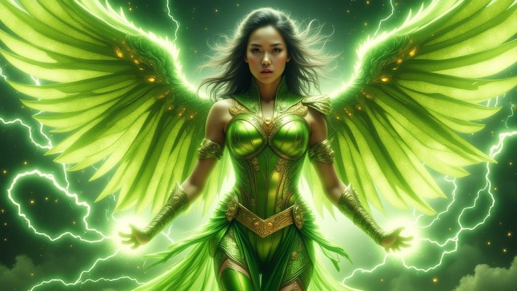 Asian Superhero in Glowing Armor with Lightning
