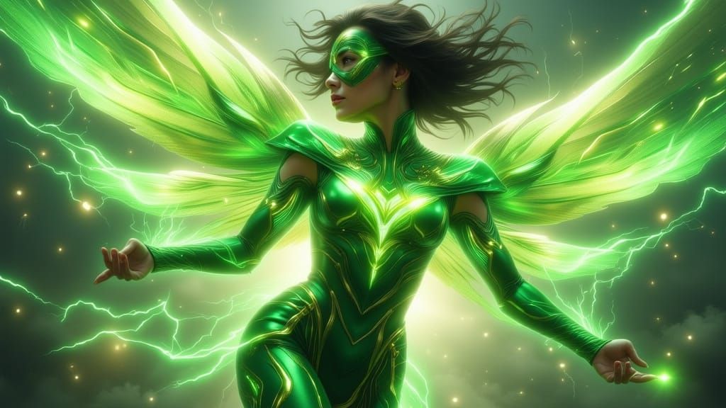 Asian Superhero Floats Amidst Lightning Storm