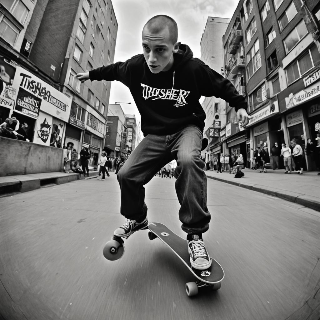 90s Urban Skateboarder in Fisheye Black and White