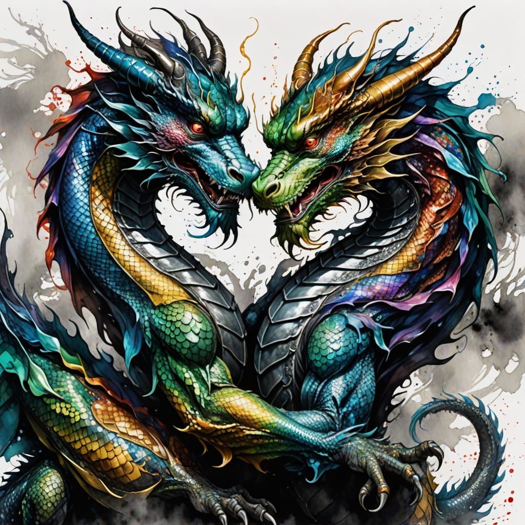 Iridescent Chinese Dragons in Watercolor Embrace