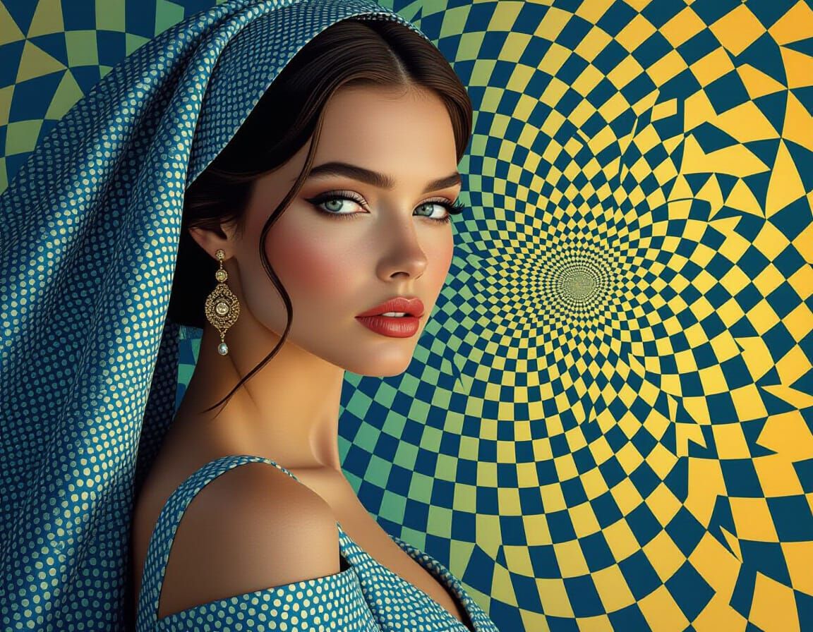 Woman in Op-Art Gown Gazing Deeply, in Vasarely Style