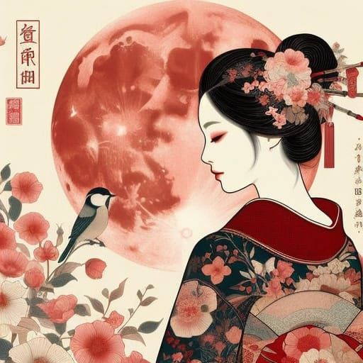 Eastern Woman in Profile with Reddish Moon and Delicate Flow...