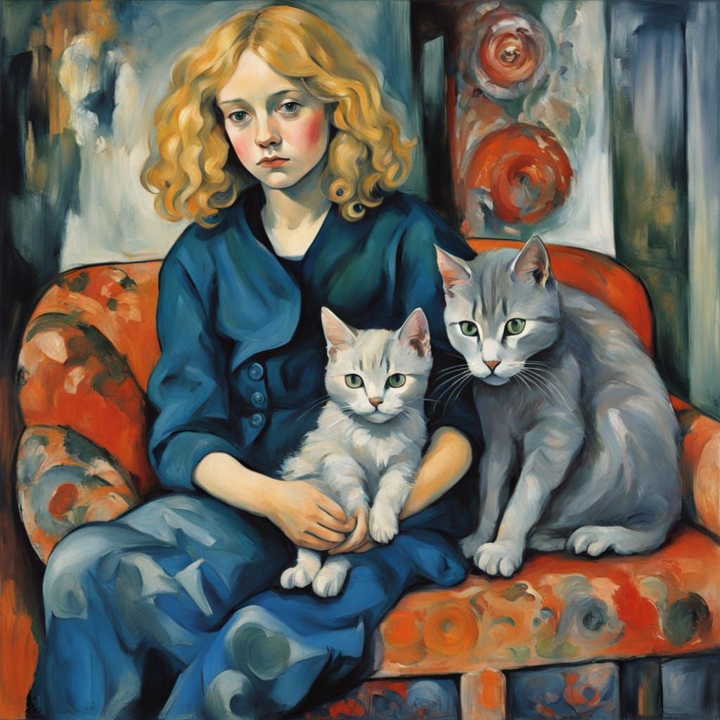 Cherubic Girl Plays with Kitten in Cozy Domestic Scene