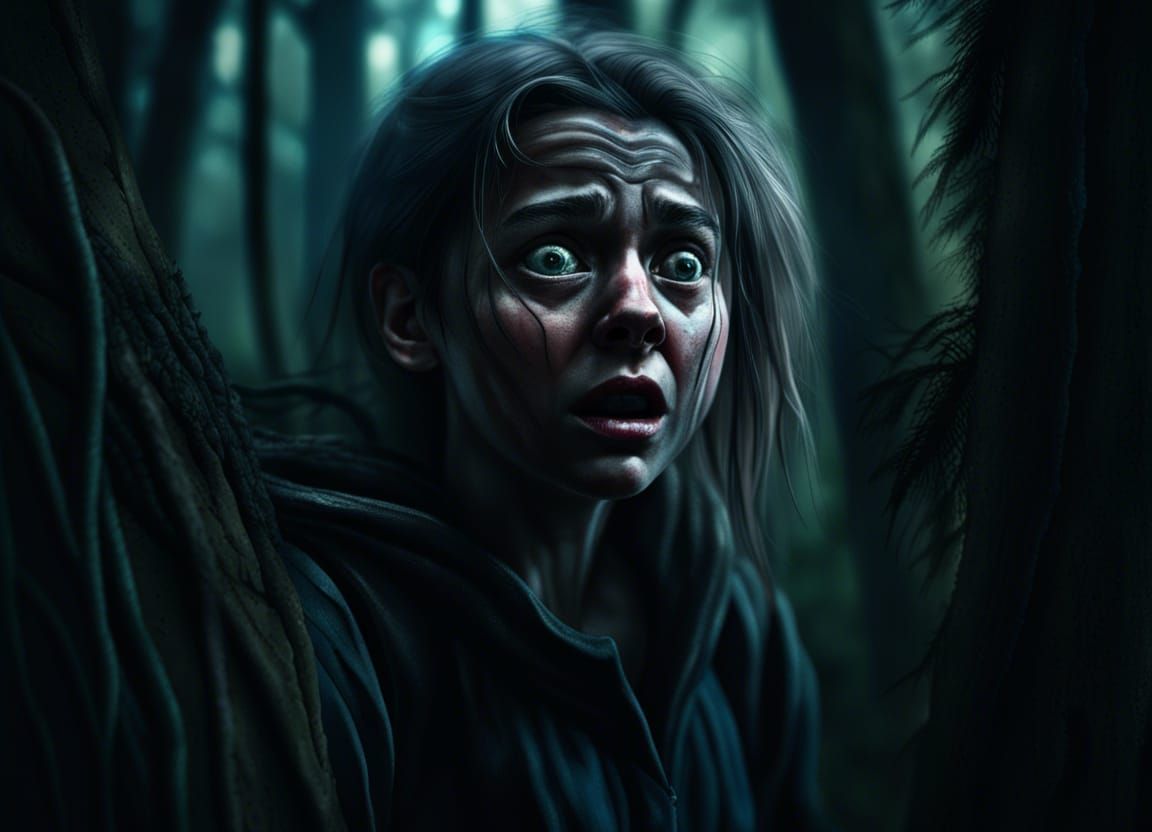 Terrified Girl Lost in Sinister Dark Forest