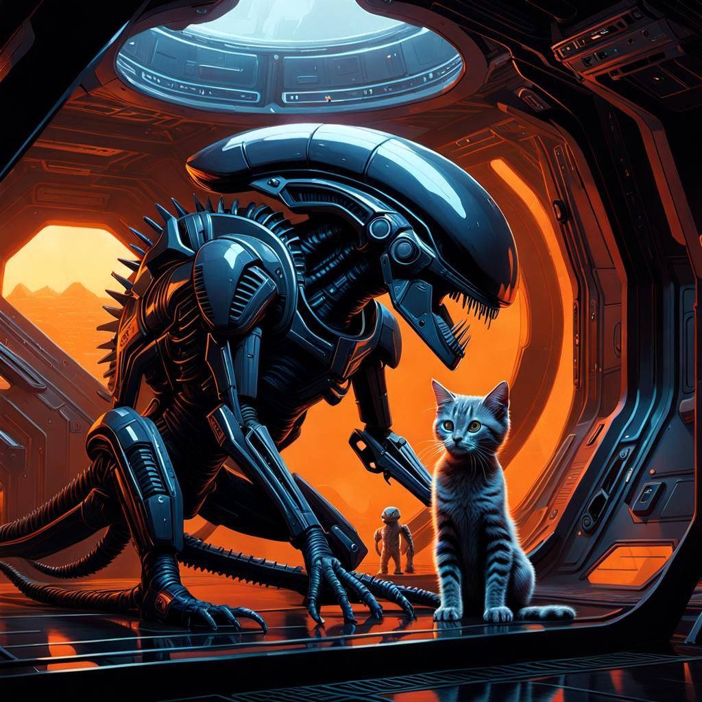 Xenomorph Petting Kitten in Alien Interior