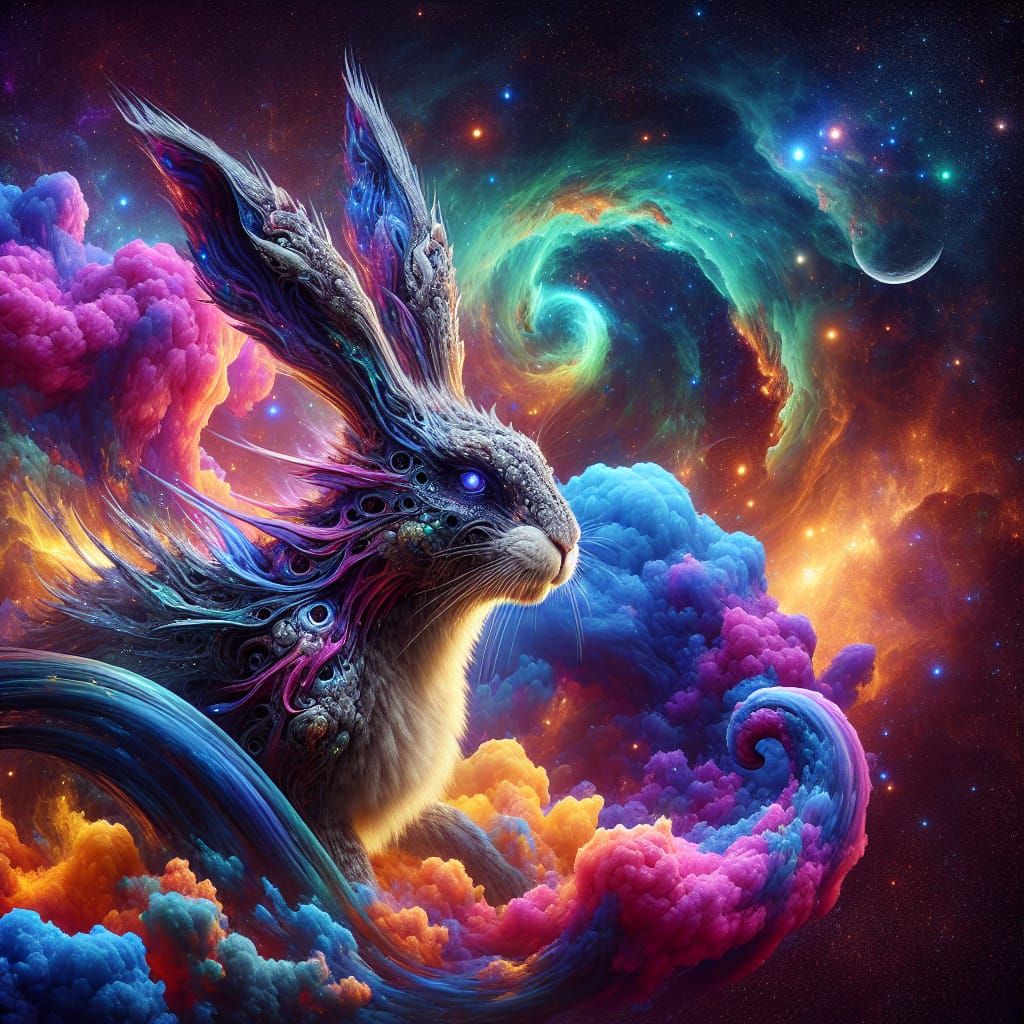 Rabbit Dragon in Colorful Nebula: Detailed Matte Painting