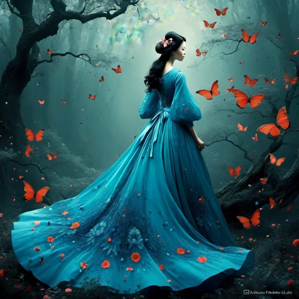 Elegant Woman in Blue Dress Silhouette