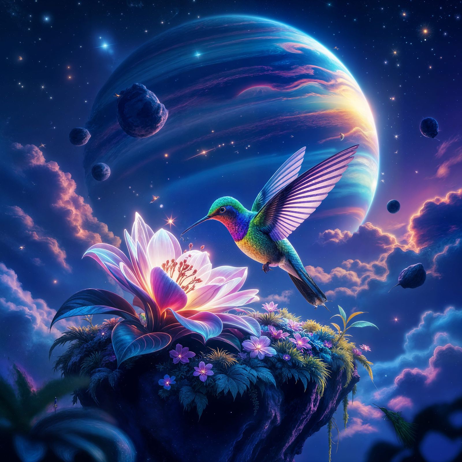 Bioluminescent Hummingbird on Floating Island in Space