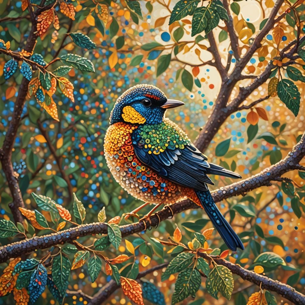 Colorful Bird in Pointillism Style, Macro Photography