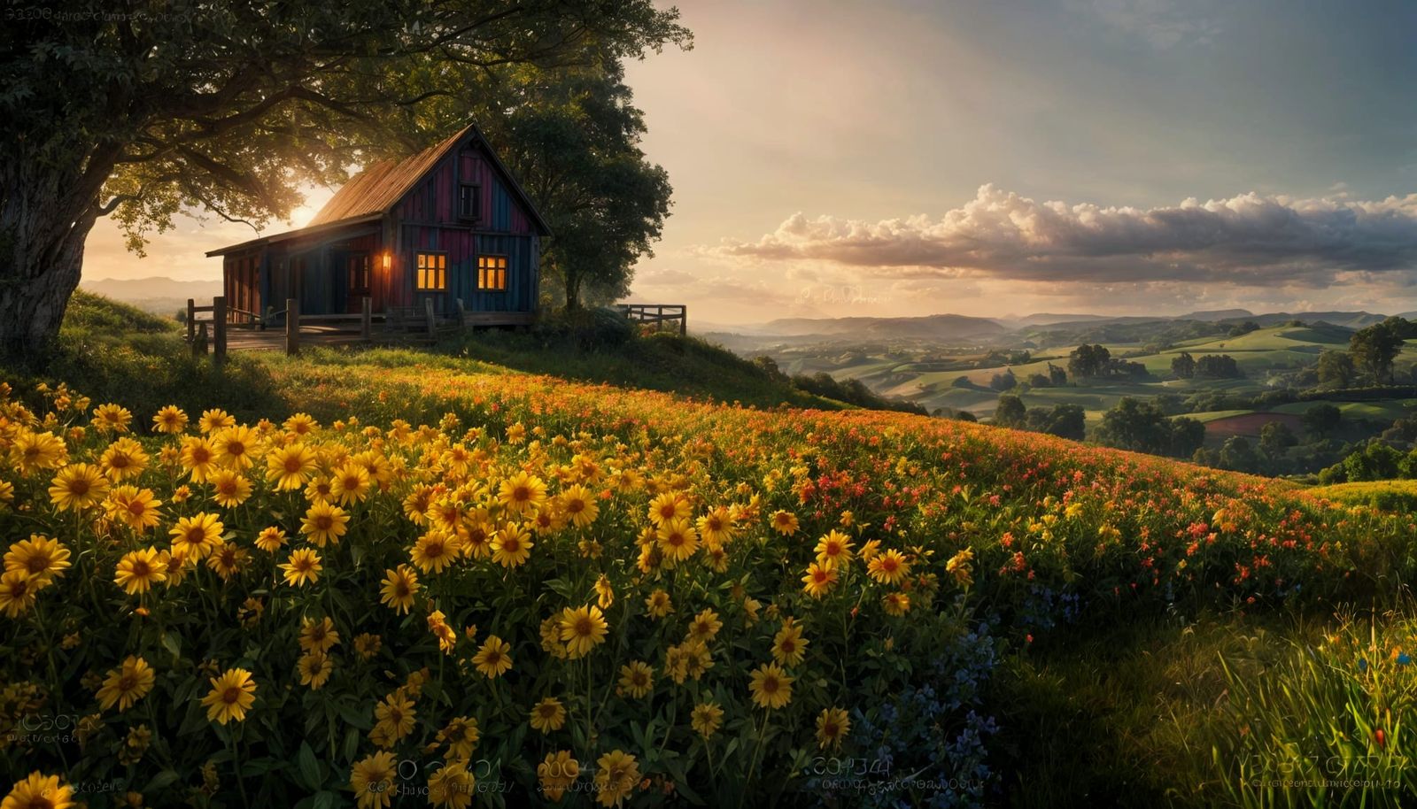 Riverside Windmills at Night with Nebula Sky
