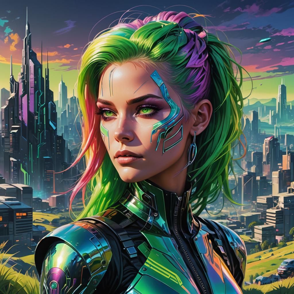 Sci-Fi Character Spark Overlooks Futuristic City