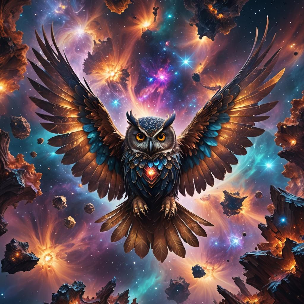 Crystal Owl Soaring Through a Fractal Nebula