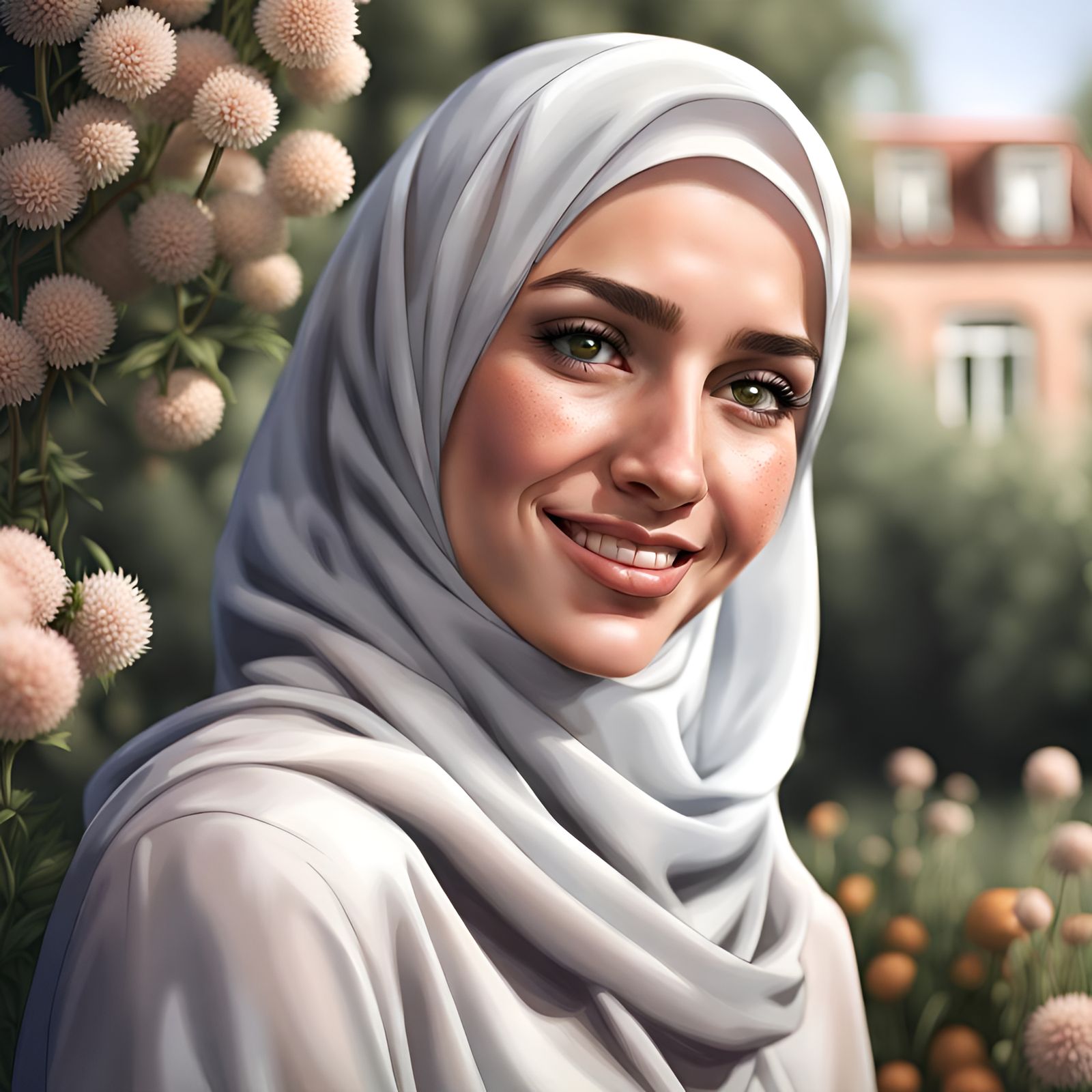 Elegant Hijabi Girl Smiling in a Realistic Garden