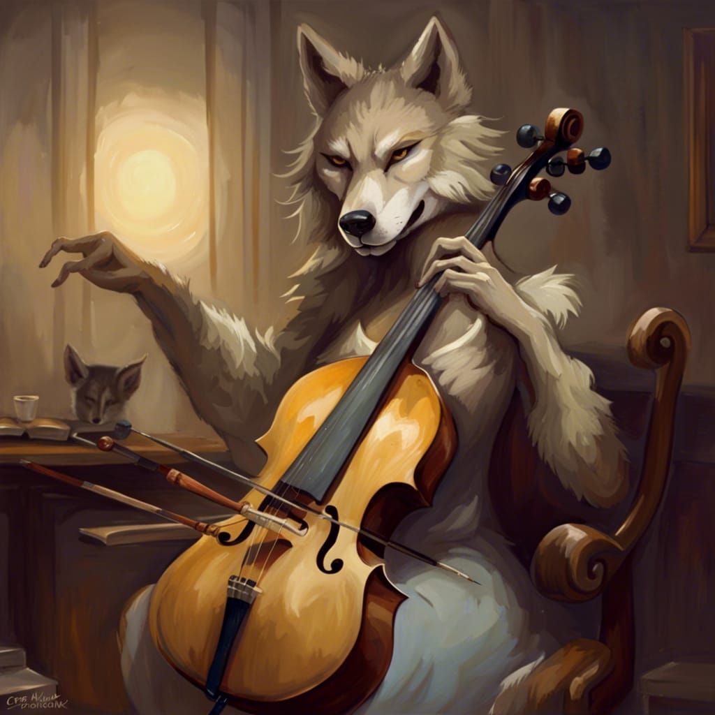 Sinister Anthro Wolf Girl Playing Cello
